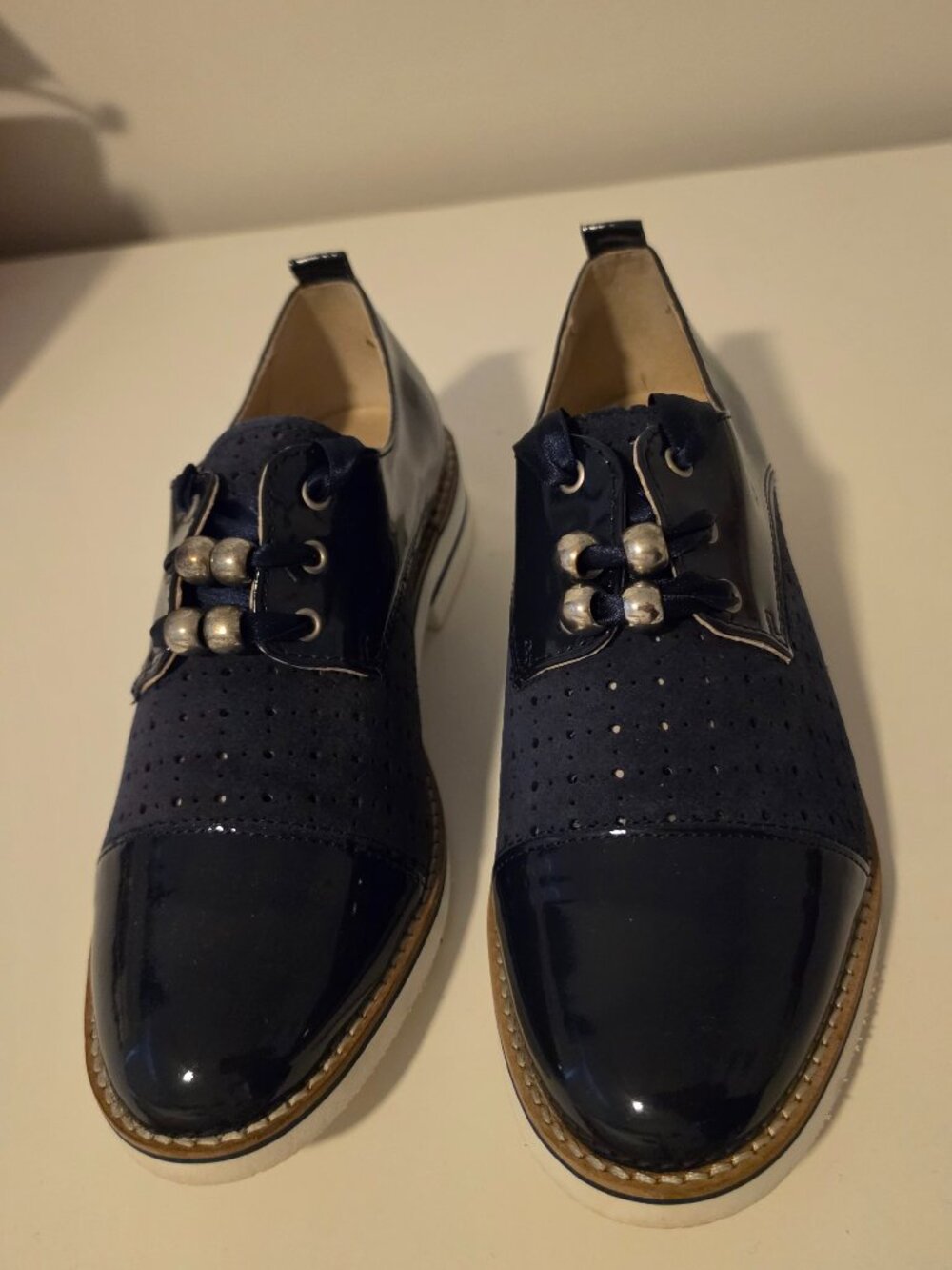 SEASIDE Navy Patent Suede Perforated Oxford Flats EU 38 / US 7.5